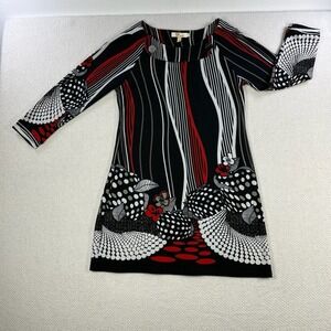 Aryeh Abstract Print Shift Striped/Floral Lg shift Dress Boat Neck bohostyle